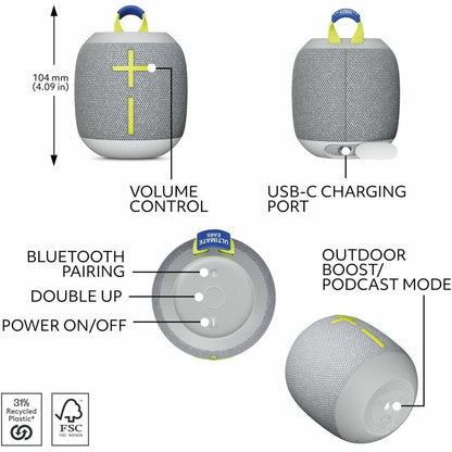 Ultimate Ears WONDERBOOM 4 Portable Waterproof Bluetooth Speaker With Big Bass and 360-Degree Sound, Dustproof Floating Speaker With 131ft (40m) Range, Gray - 984-001879